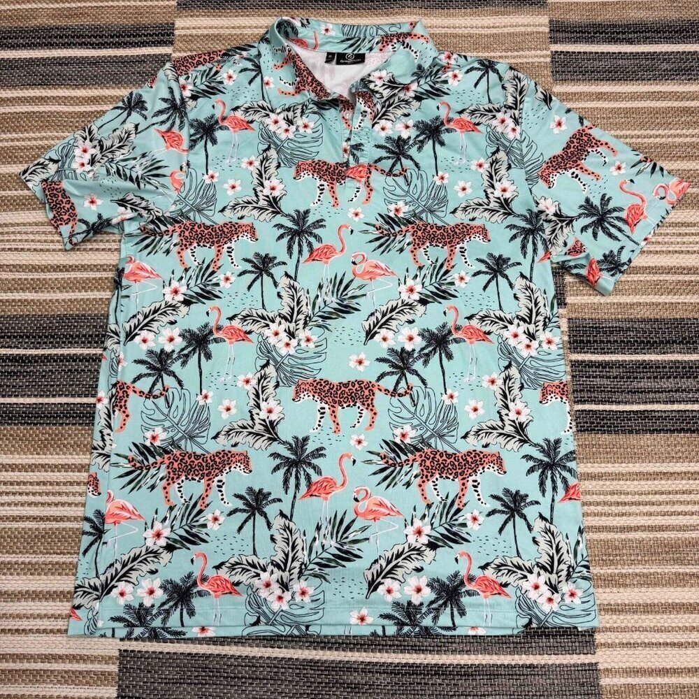 Greenside Golf Polo Shirt Short Sleeve Cheetah Flamingo Tropical Blue Size XL